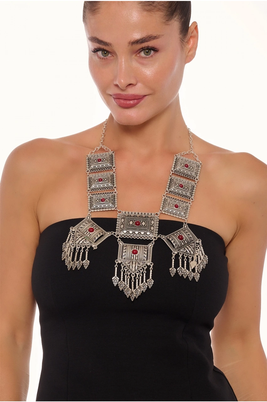 Kiraz Burgundy Stoned Silver Plated Necklace