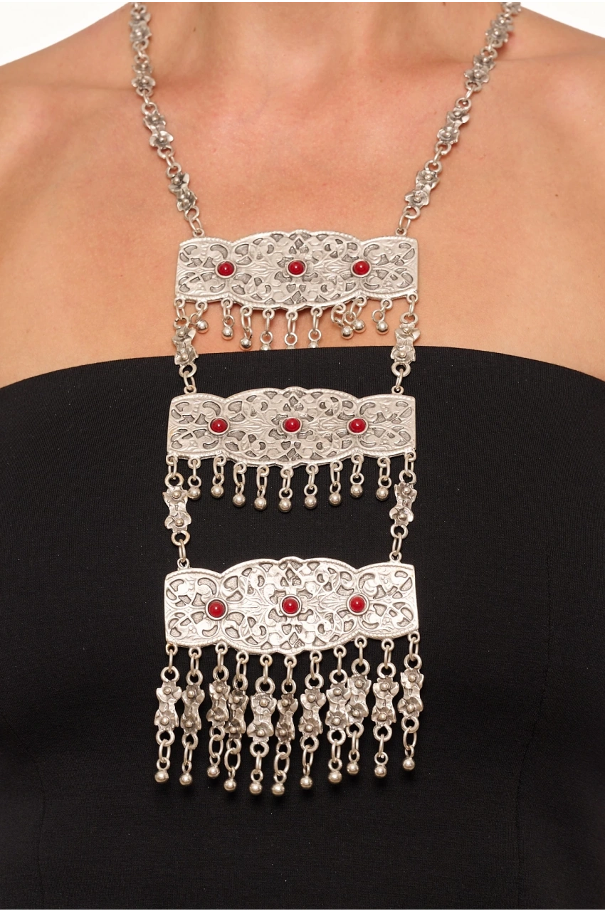 Kiraz Burgundy Stoned Silver Plated Necklace