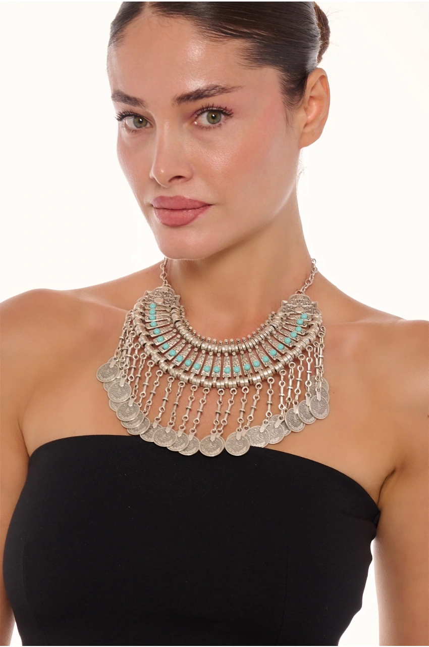 Kiraz Turquoise Stoned Cleopatra Silver Plated Necklace