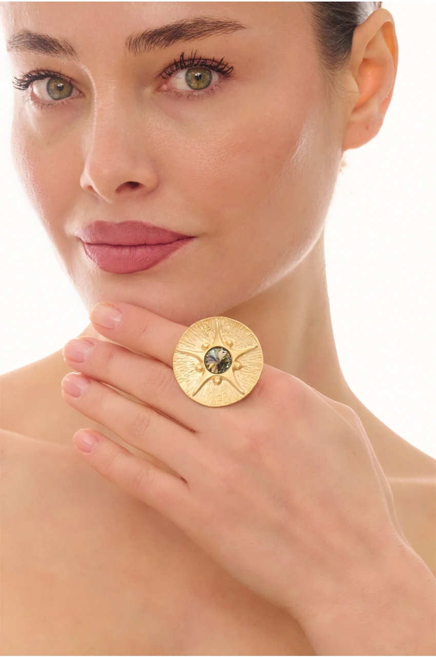 Kiraz Smoked Crystal Stoned Gold Plated Ring