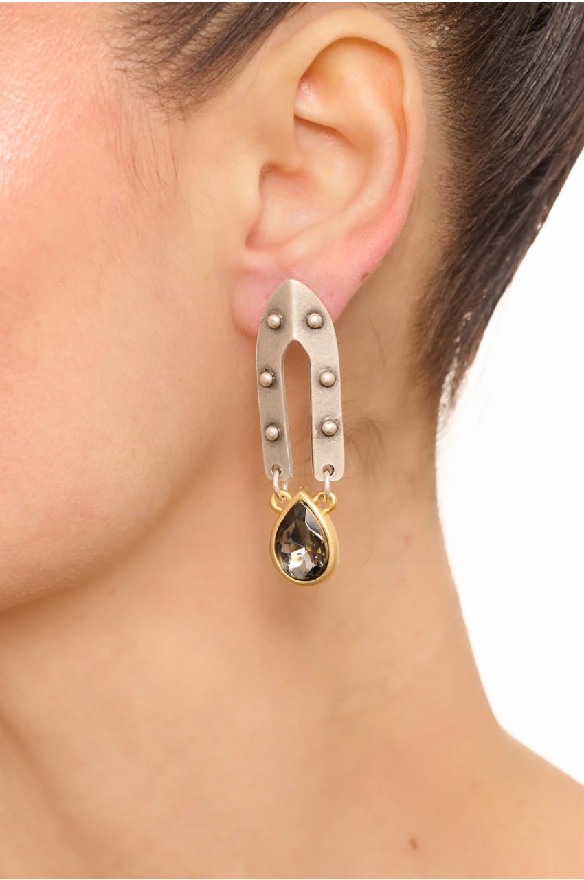 Kiraz Smoked Crystal Stoned Silver And Gold Plated Earring