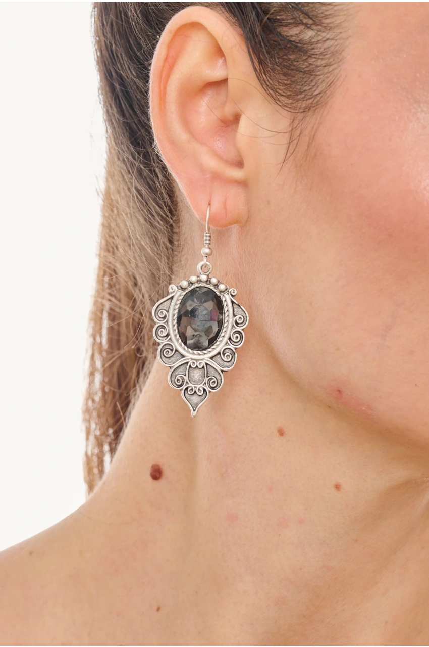 Kiraz Smoked Crystal Stoned Silver Plated Earring