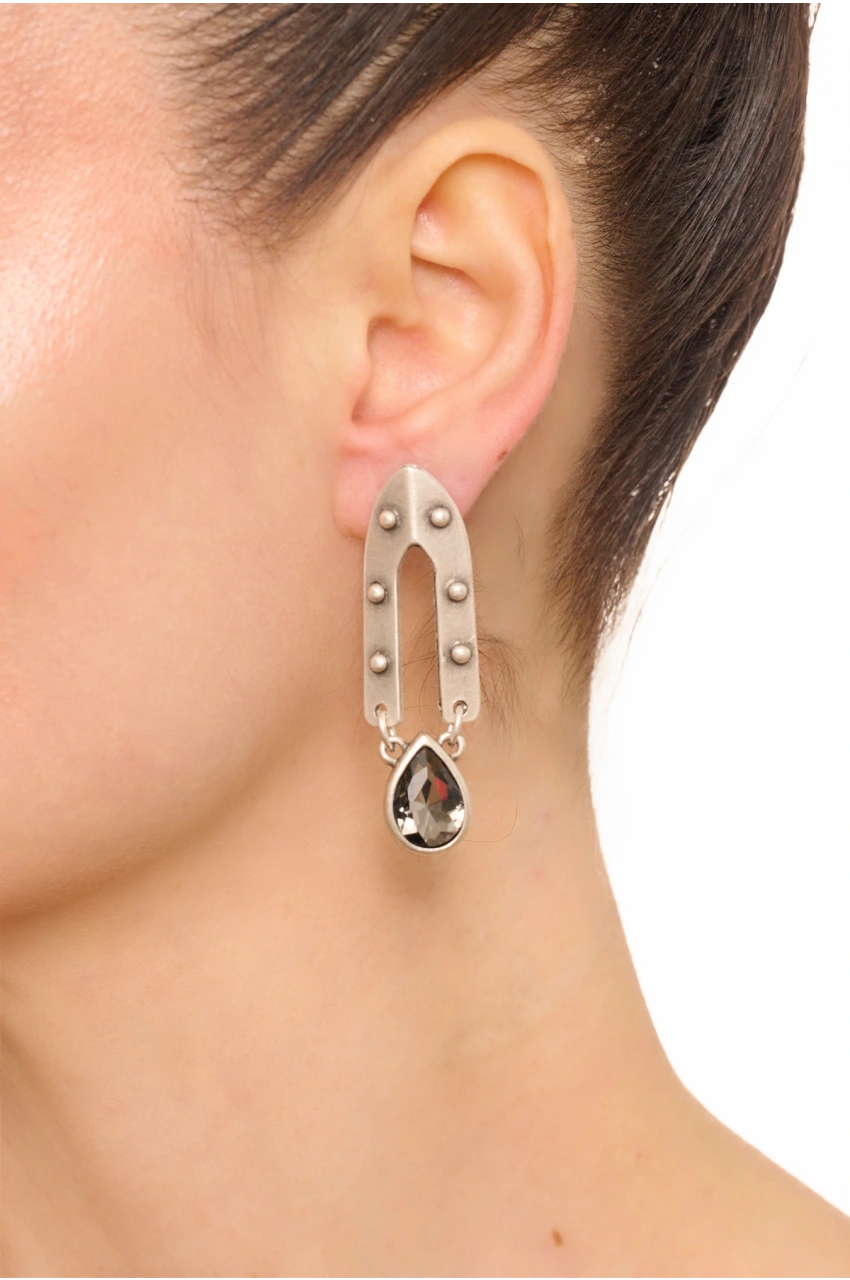 Kiraz Smoked Crystal Stoned Silver Plated Earring