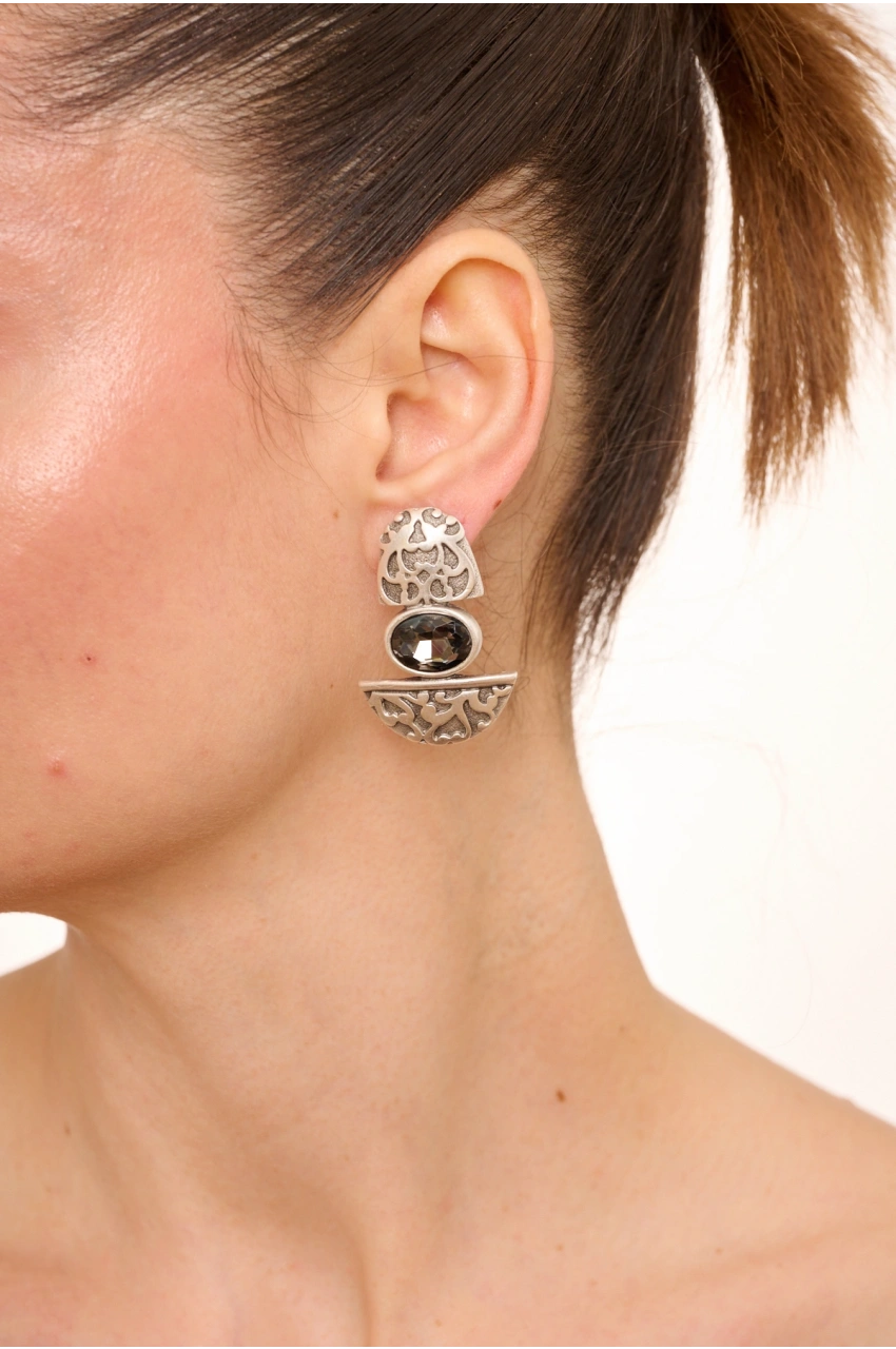 Kiraz Smoked Crystal Stoned Silver Plated Earring