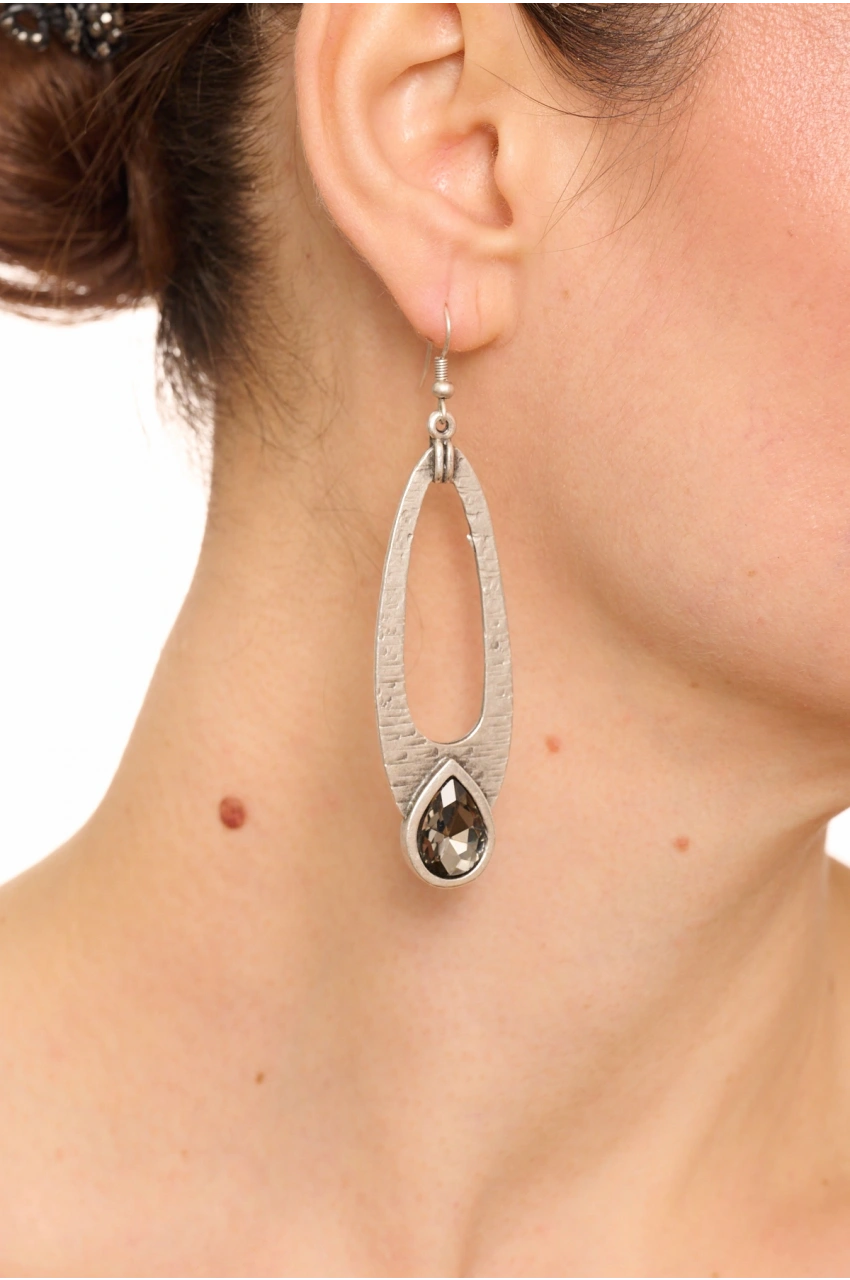 Kiraz Smoked Crystal Stoned Silver Plated Earring