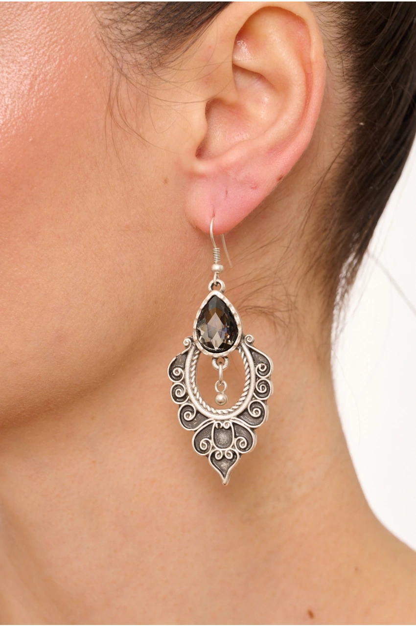 Kiraz Smoked Crystal Stoned Silver Plated Earring