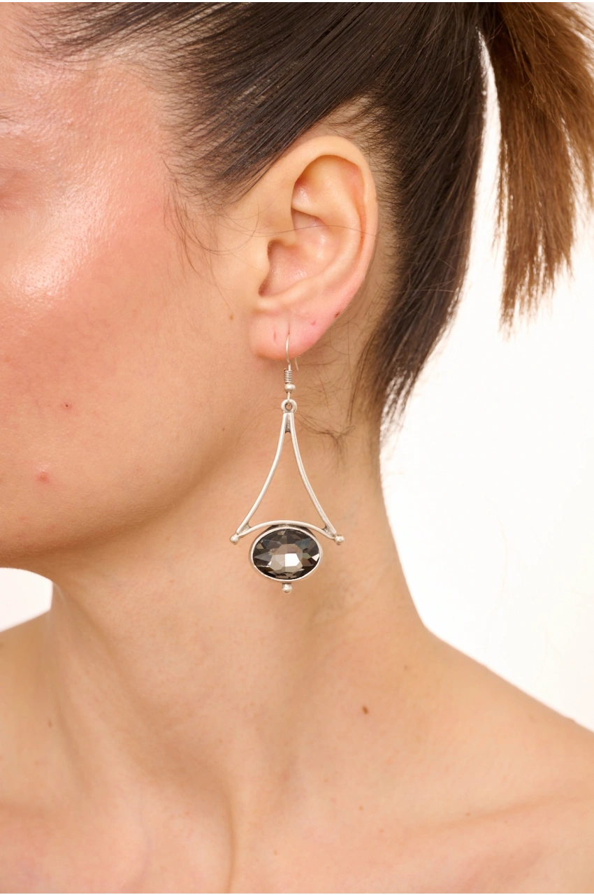 Kiraz Smoked Crystal Stoned Silver Plated Earring