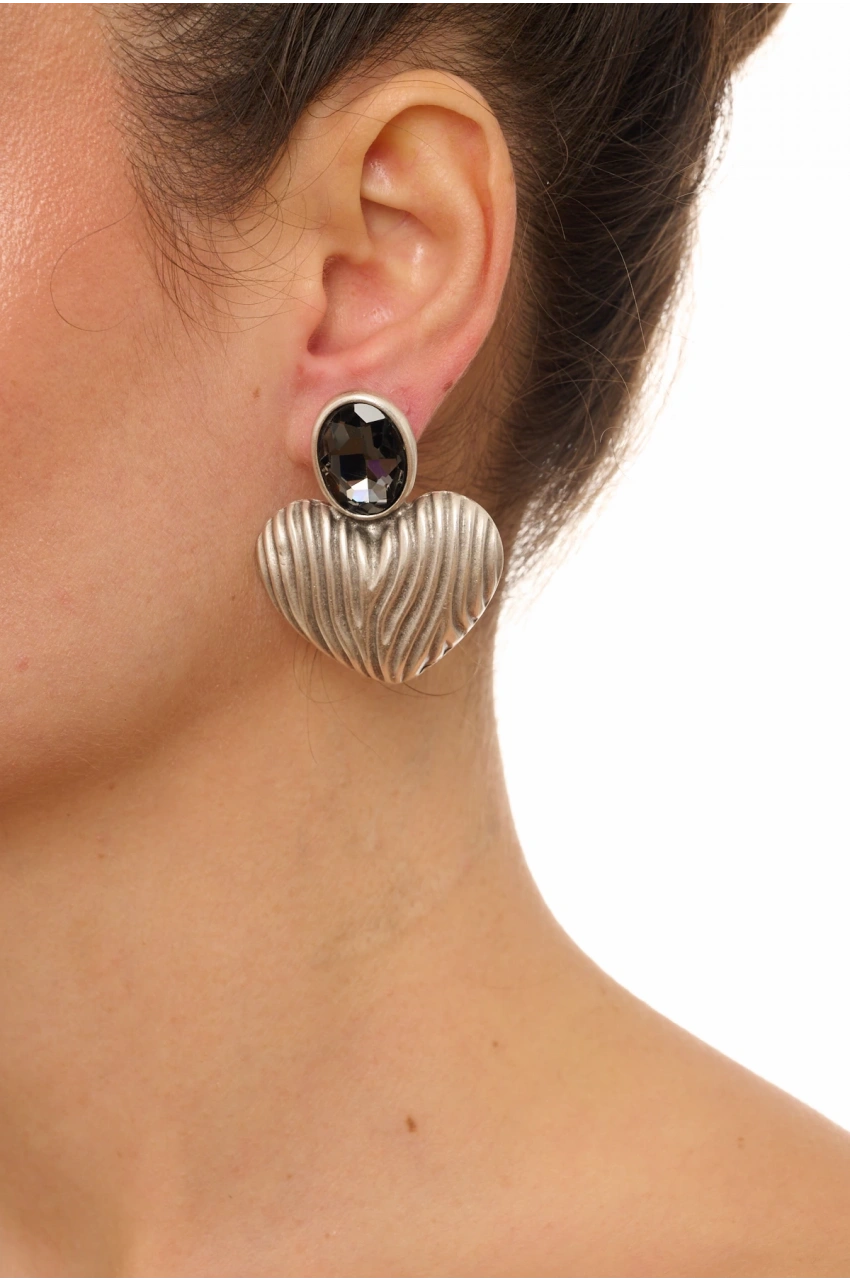 Kiraz Smoked Crystal Stoned Silver Plated Heart Earring