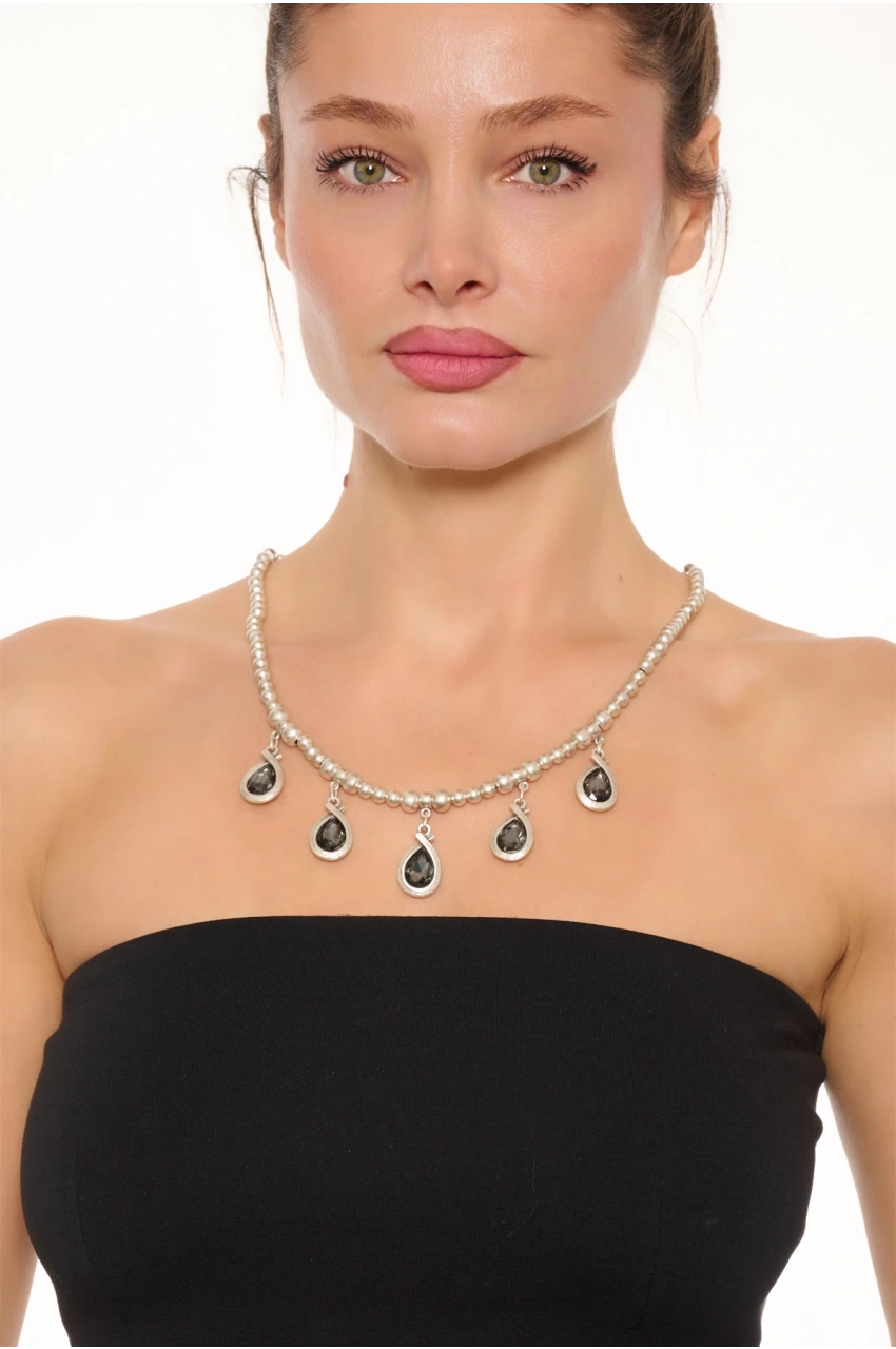 Kiraz Smoked Crystal Stoned Silver Plated Necklace