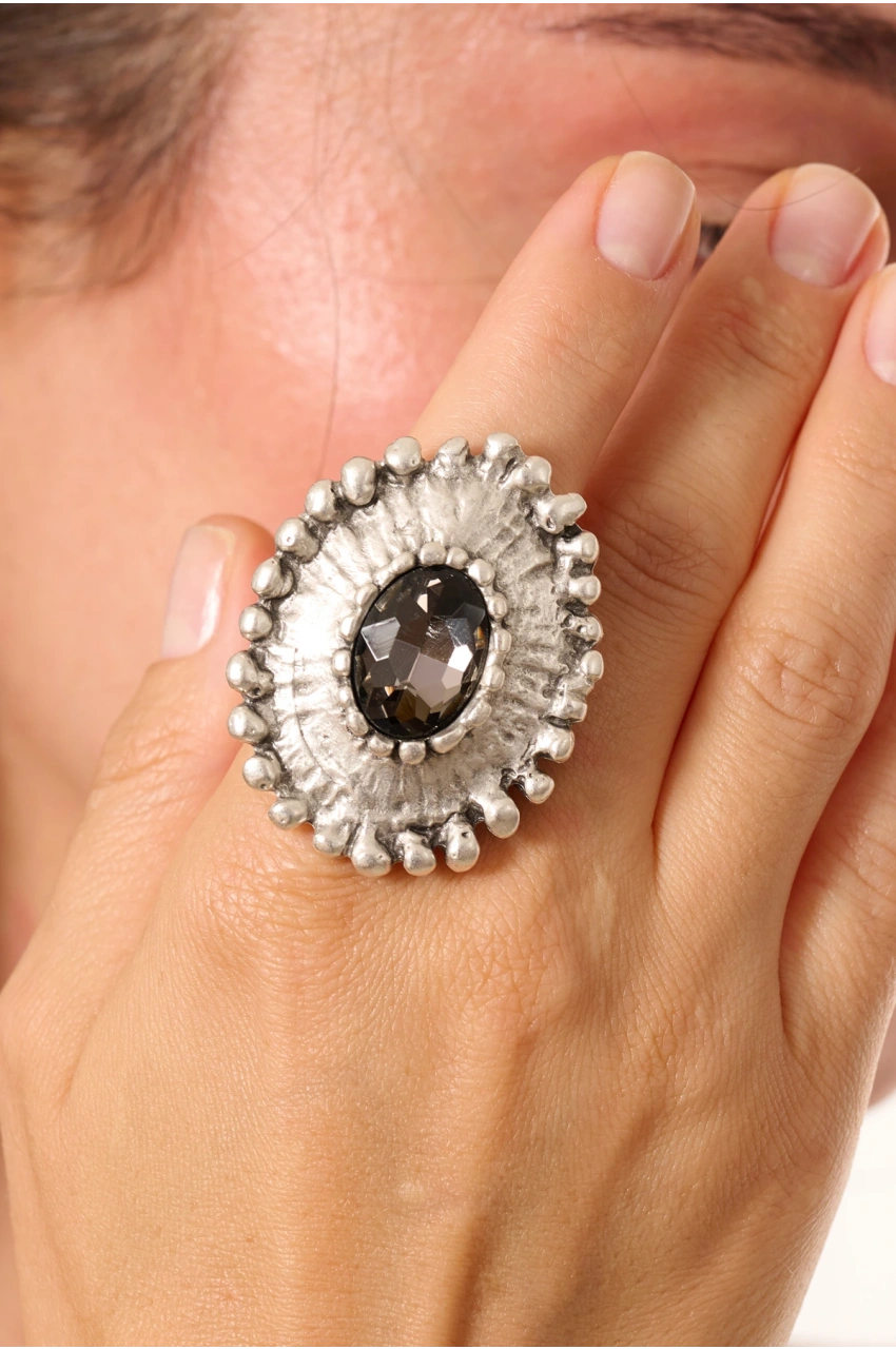 Kiraz Smoked Crystal Stoned Silver Plated Ring