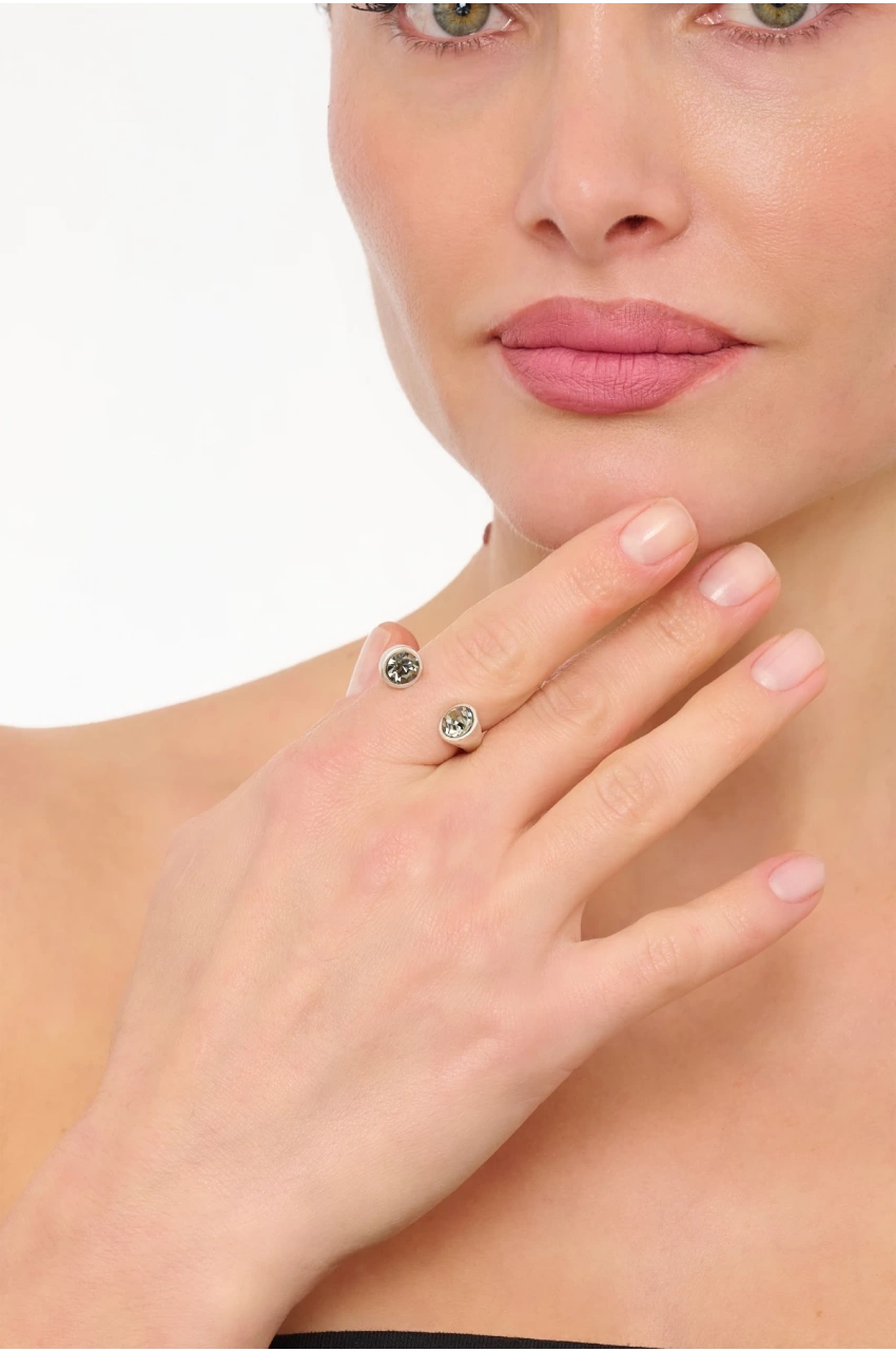 Kiraz Smoked Crystal Stoned Silver Plated Ring