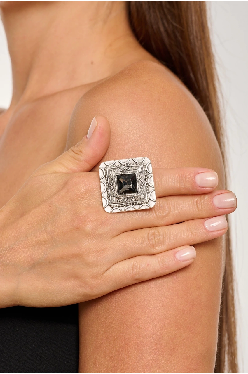 Kiraz Smoked Crystal Stoned Silver Plated Ring