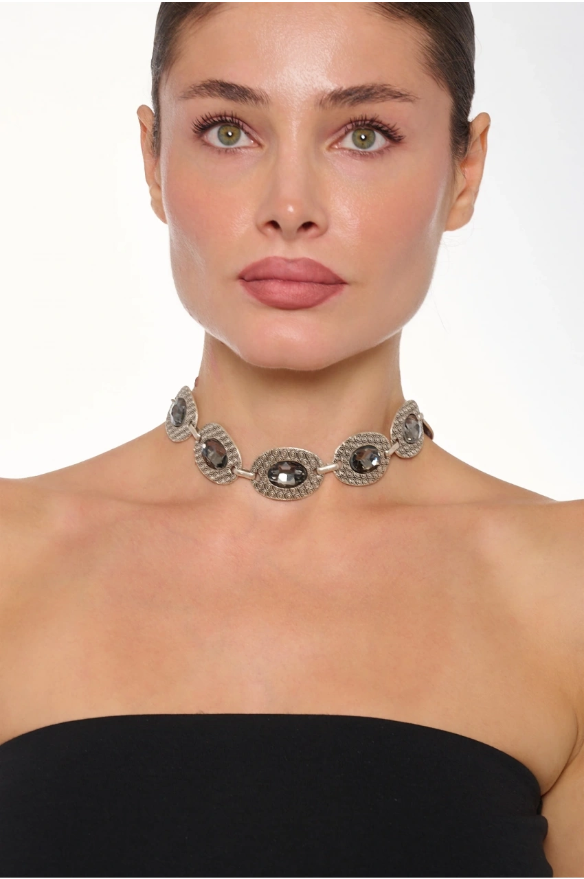 Kiraz Smoked Stoned Silver Plated Choker