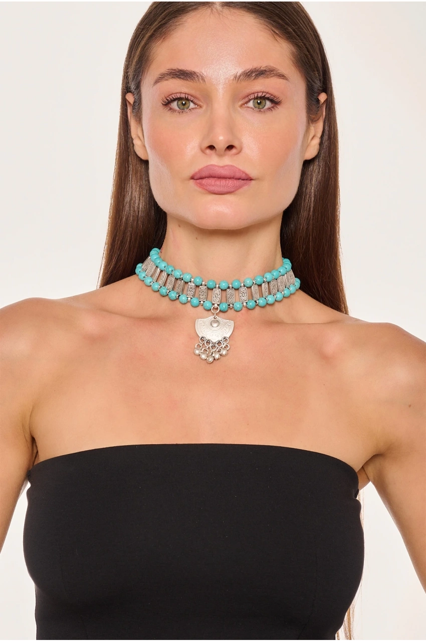 Kiraz Turquoise Beaded Silver Plated Necklace