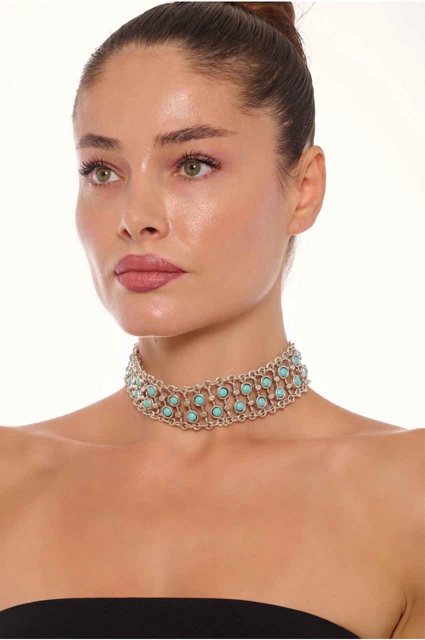 Kiraz Turquoise Stoned Choker Silver Plated Necklace