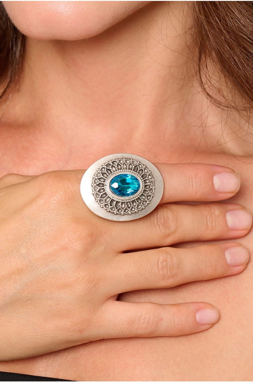 Kiraz Turquoise Crystal Stoned Silver Plated Ring