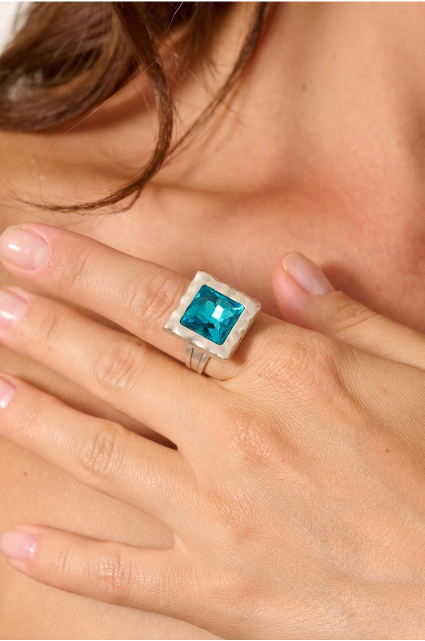 Kiraz Turquoise Crystal Stoned Silver Plated Ring