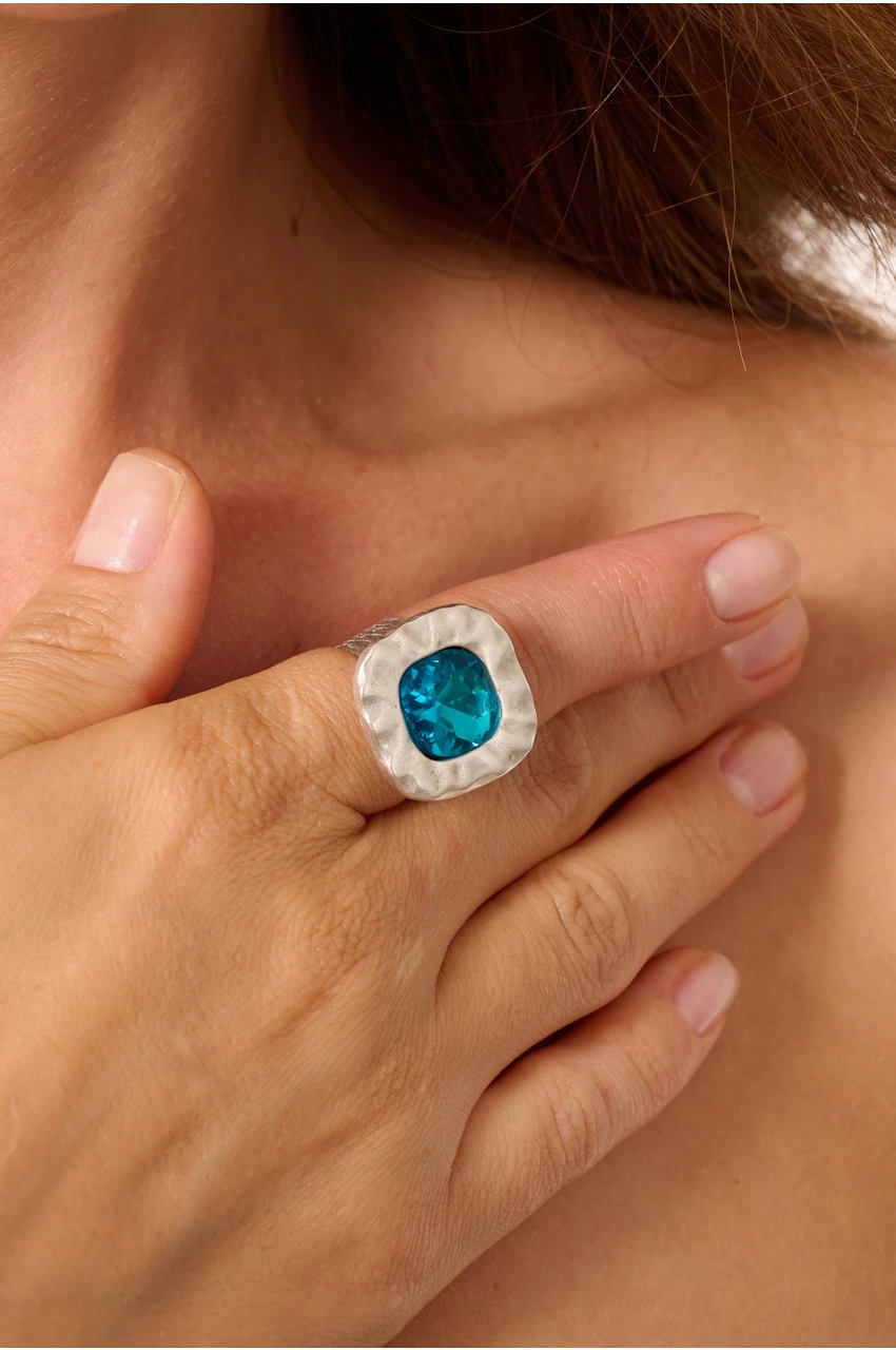 Kiraz Turquoise Crystal Stoned Silver Plated Ring