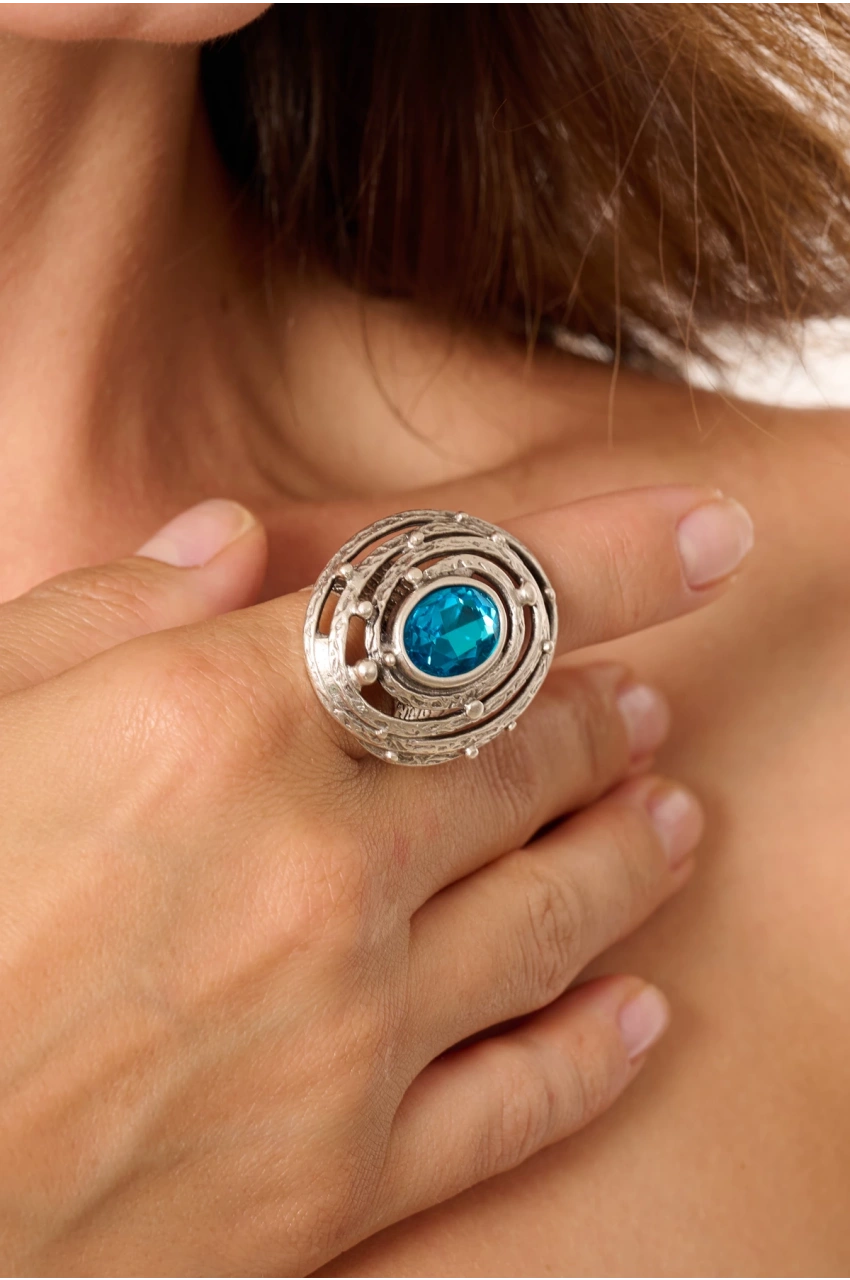 Kiraz Turquoise Crystal Stoned Silver Plated Ring