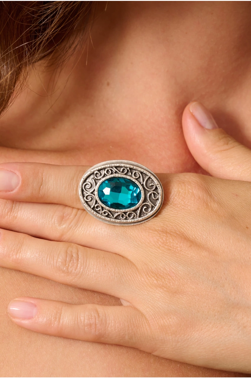 Kiraz Turquoise Crystal Stoned Silver Plated Ring