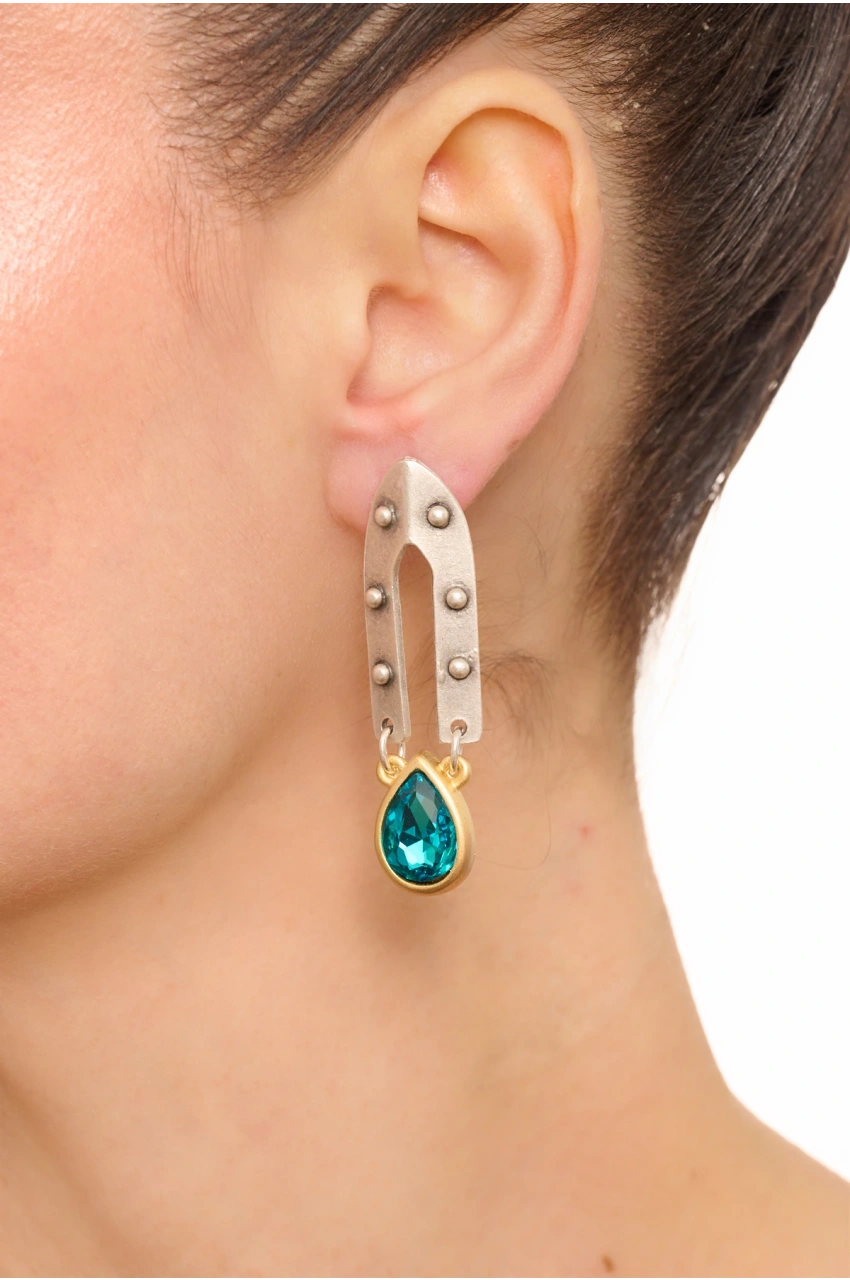 Kiraz Turquoise Crystal Stoned Silver And Gold Plated Earring