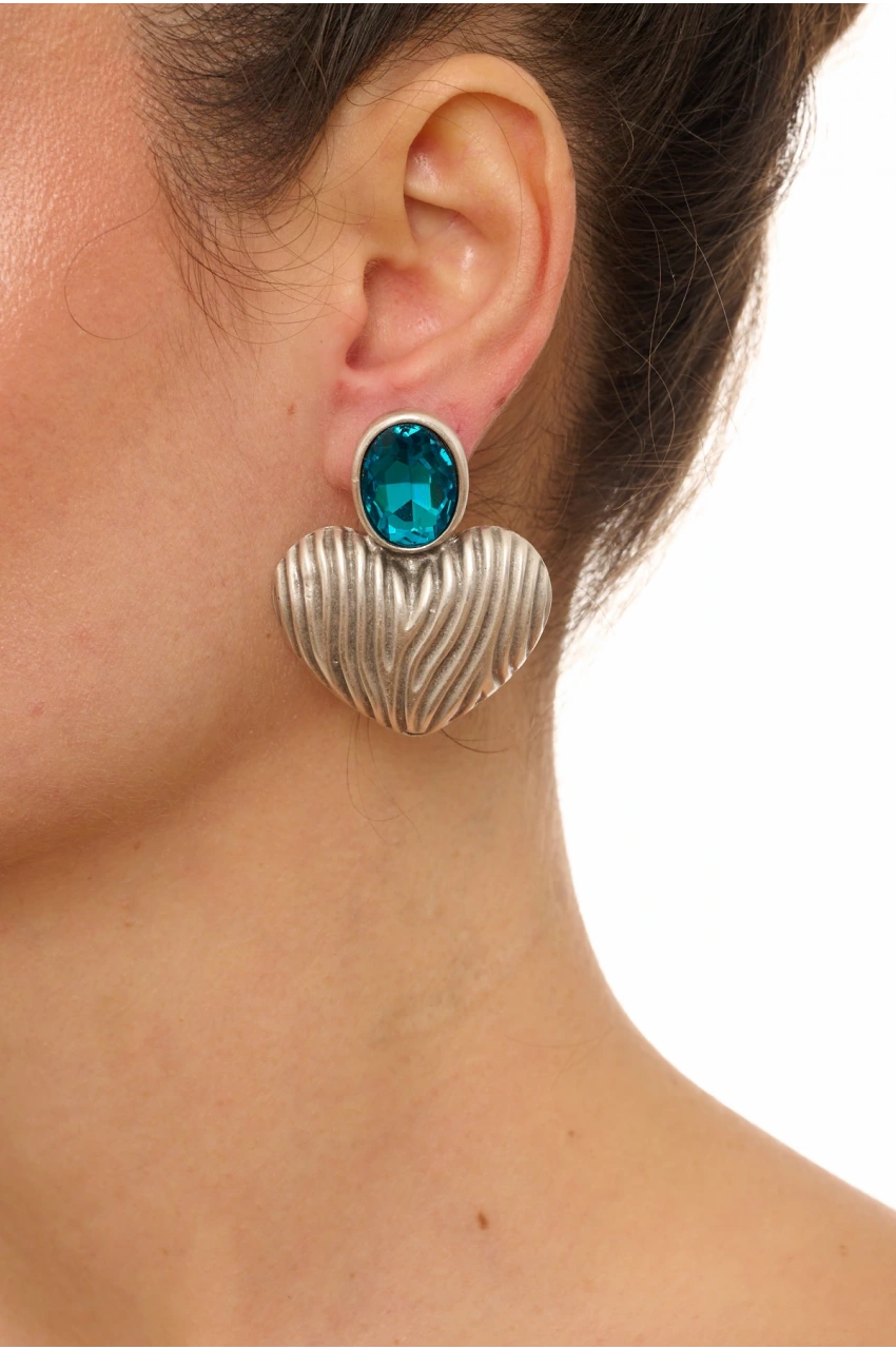 Kiraz Turquoise Crystal Stoned Silver Plated Heart Earring