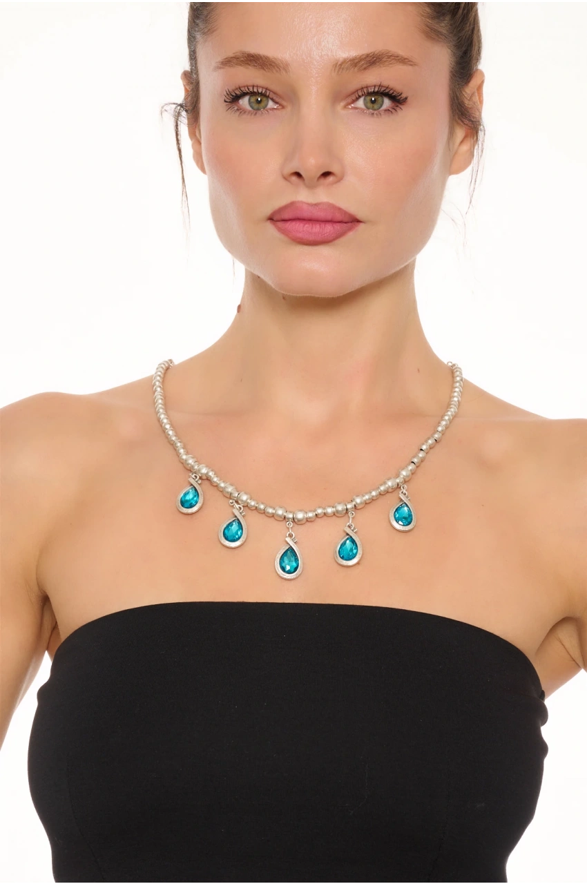 Kiraz Turquoise Crystal Stoned Silver Plated Necklace
