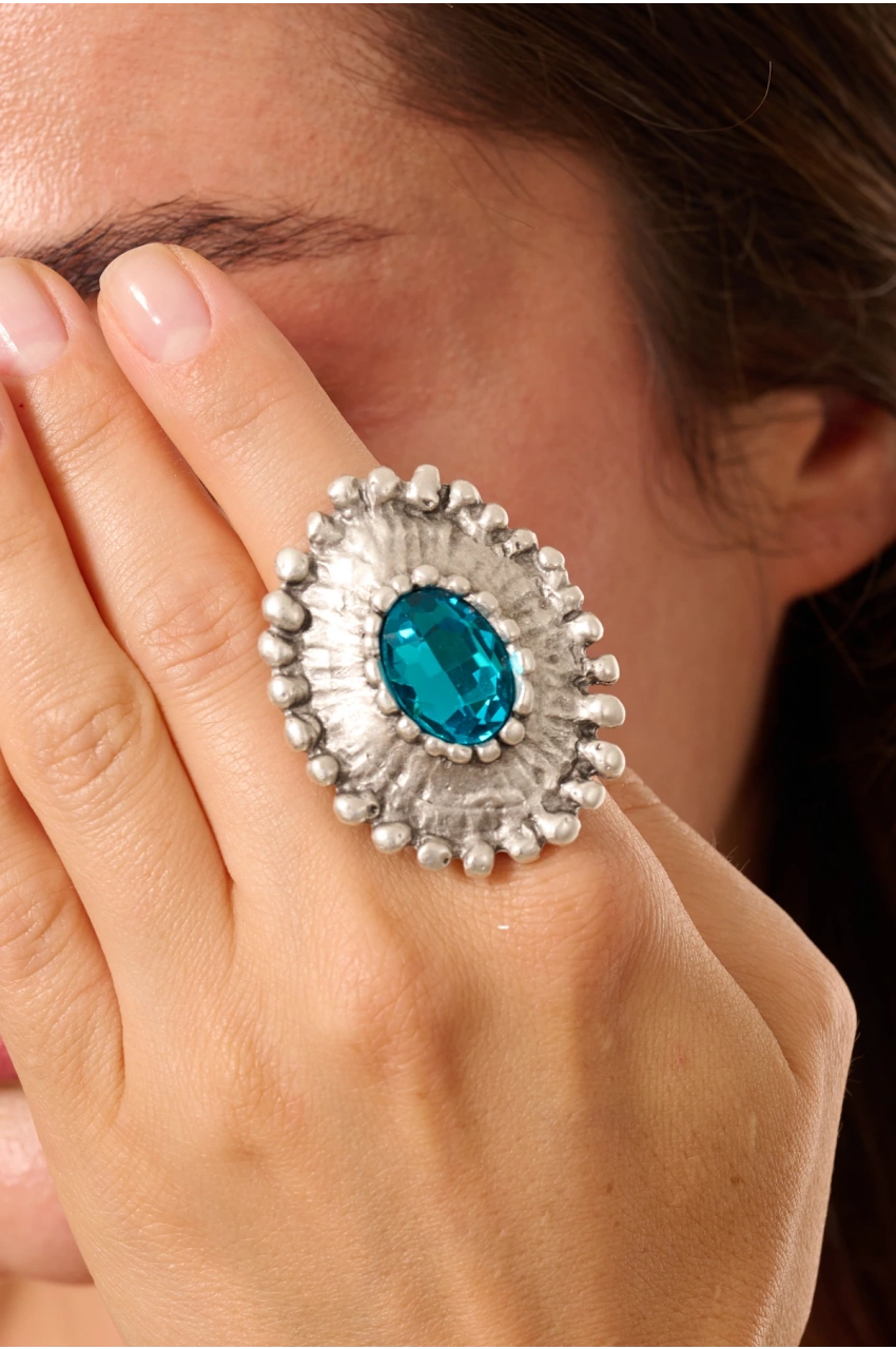 Kiraz Turquoise Crystal Stoned Silver Plated Ring