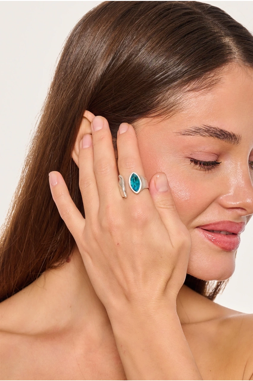 Kiraz Turquoise Crystal Stoned Silver Plated Ring