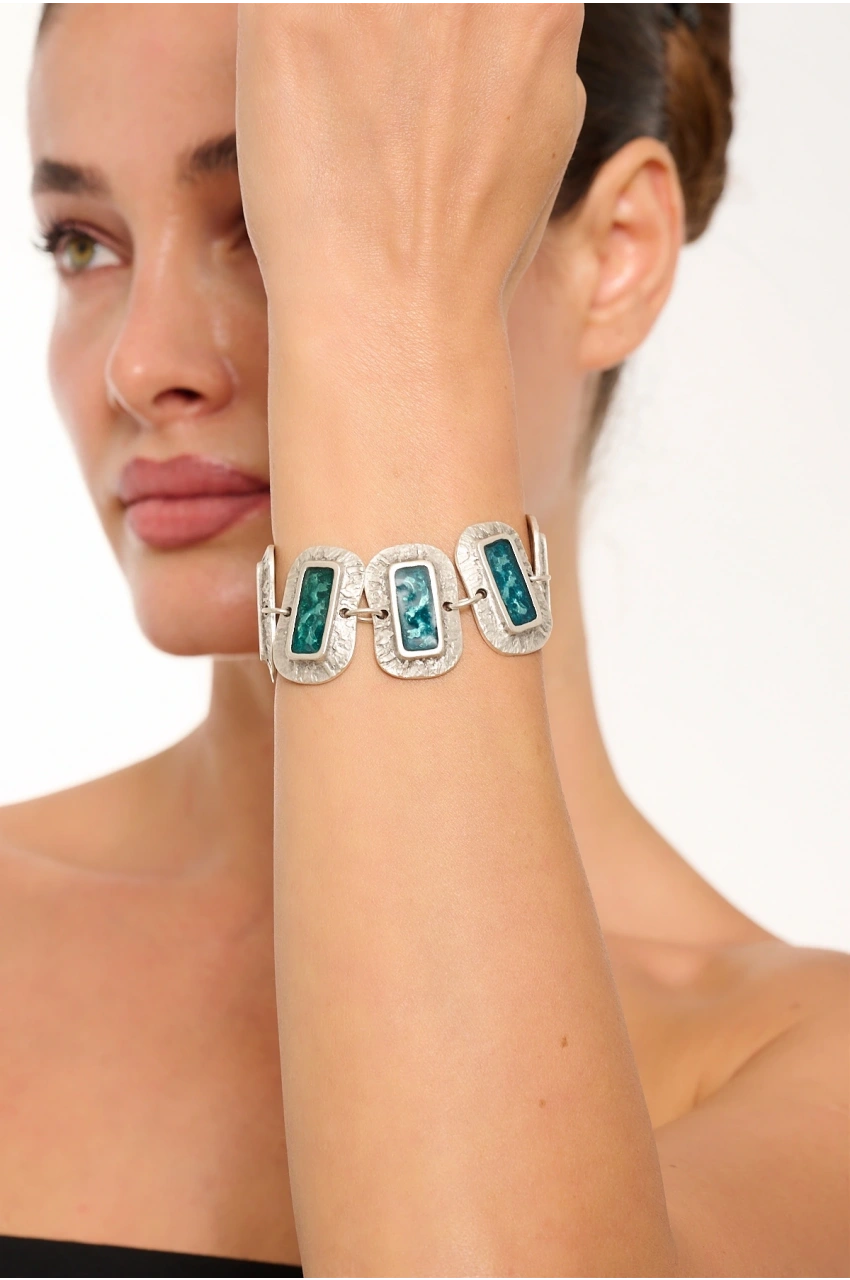 Kiraz Turquoise Enameled  Silver Plated Bracelet
