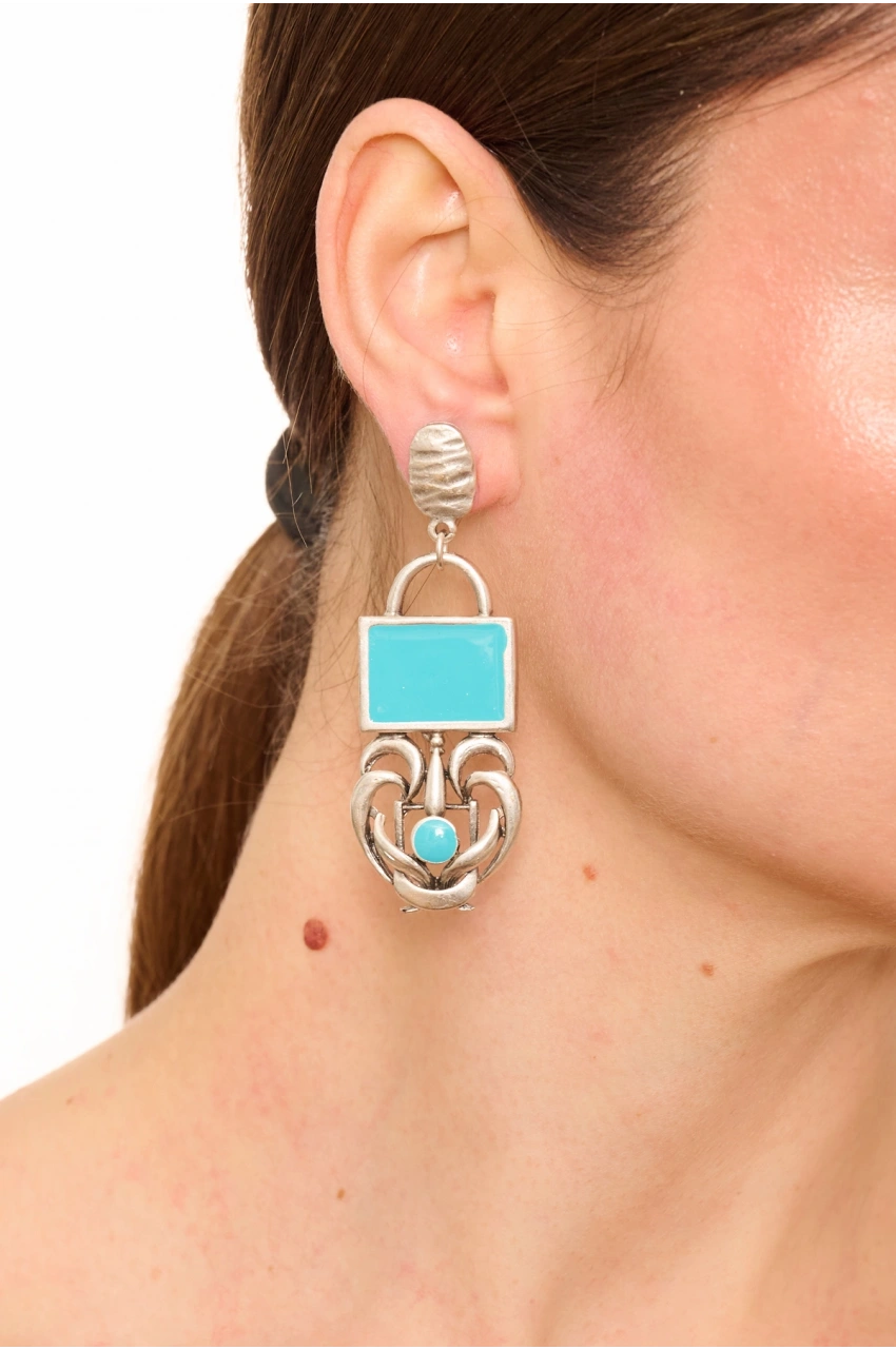 Kiraz Turquoise Enameled  Silver Plated Earring