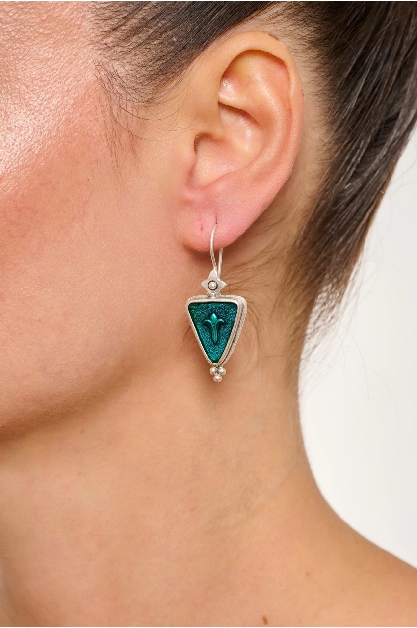 Kiraz Turquoise Enameled  Silver Plated Earring