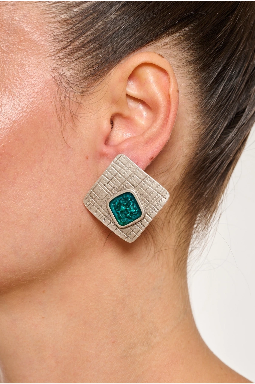 Kiraz Turquoise Enameled  Silver Plated Earring