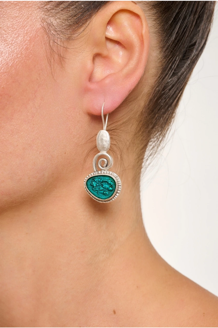 Kiraz Turquoise Enameled  Silver Plated Earring