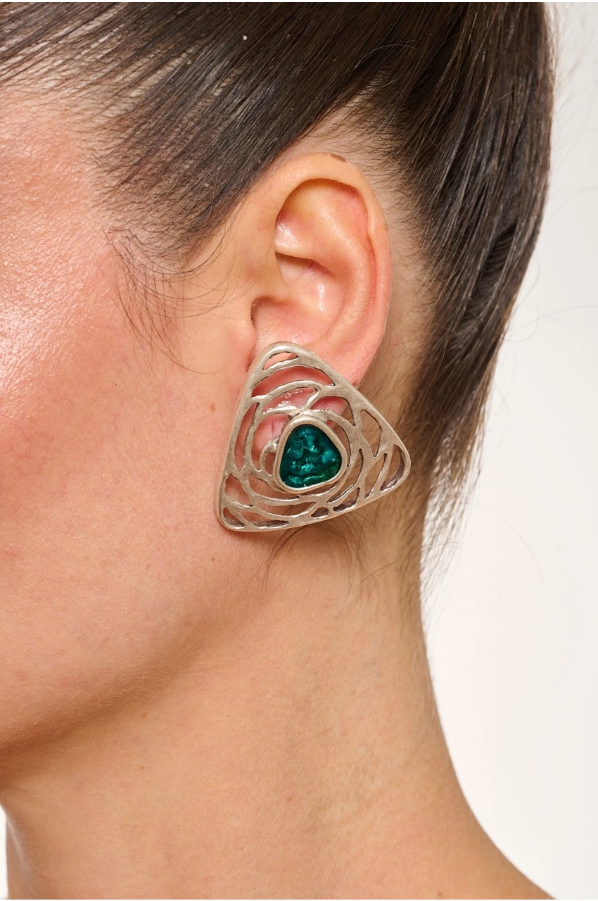 Kiraz Turquoise Enameled Silver Plated Triangle Earring