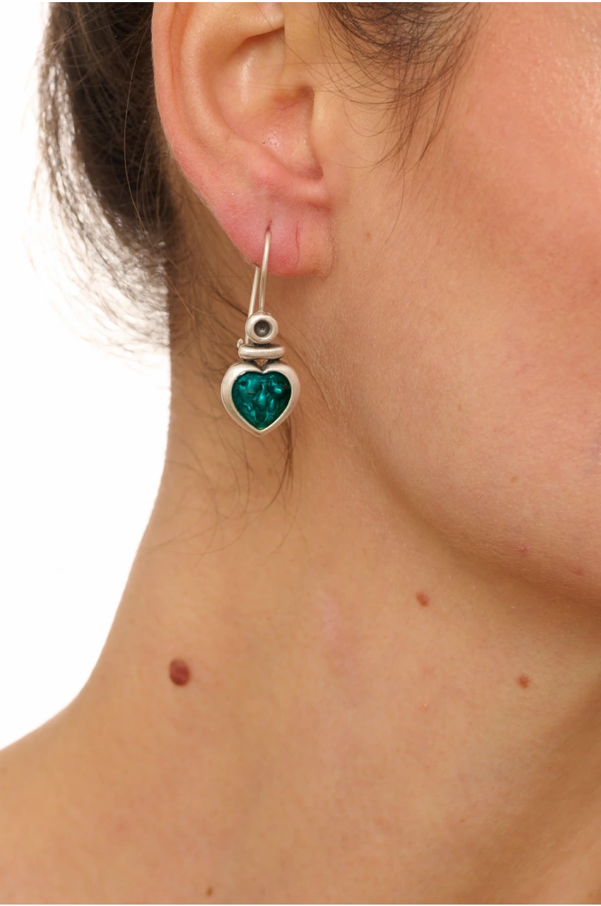 Kiraz Turquoise Enameled  Silver Plated Heart Earring