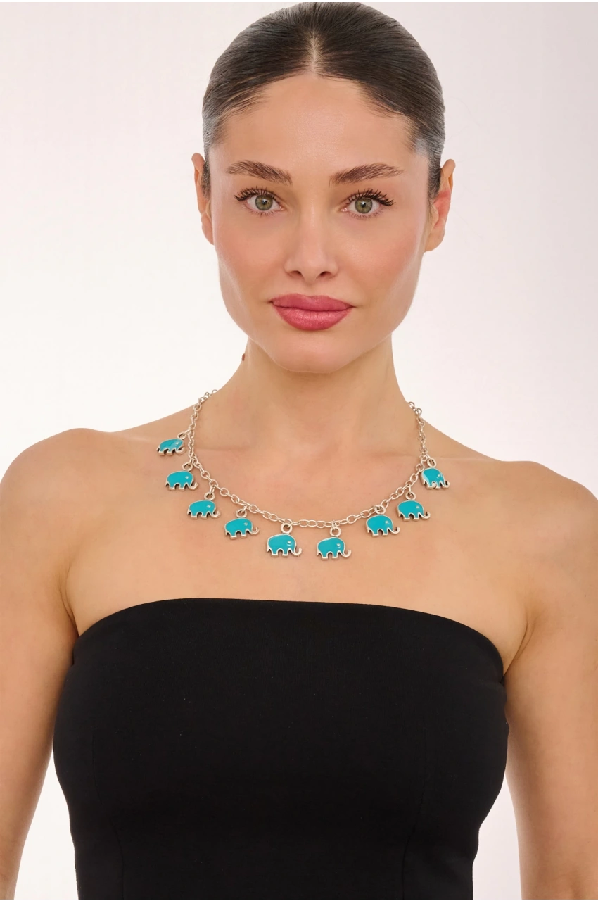 Kiraz Turquoise Enemaled Silver Plated Elephant Necklace