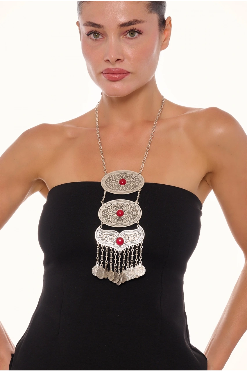 Kiraz Burgundy Stoned Silver Plated Necklace