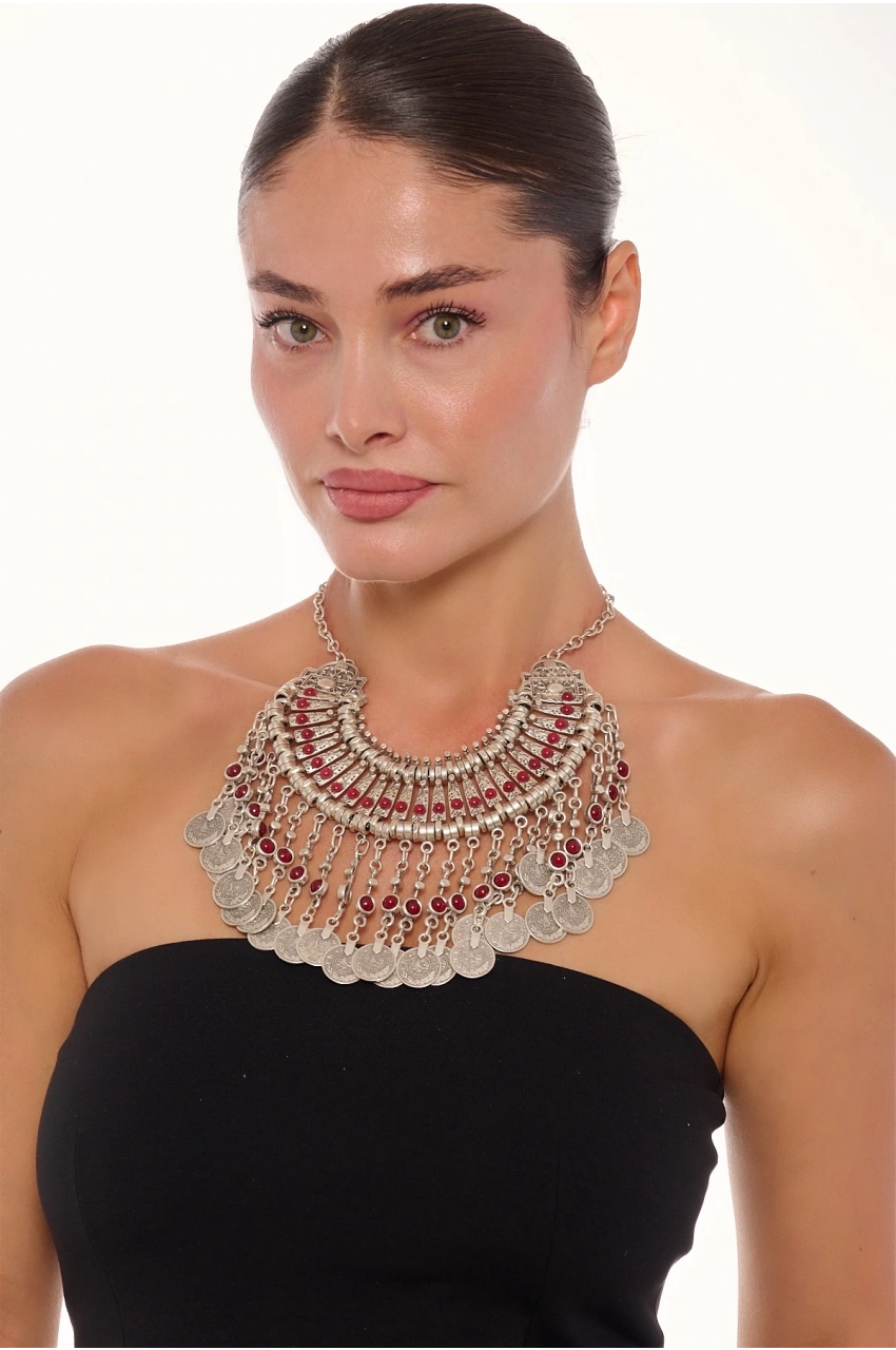 Kiraz Burgundy Stoned Cleopatra Silver Plated Necklace