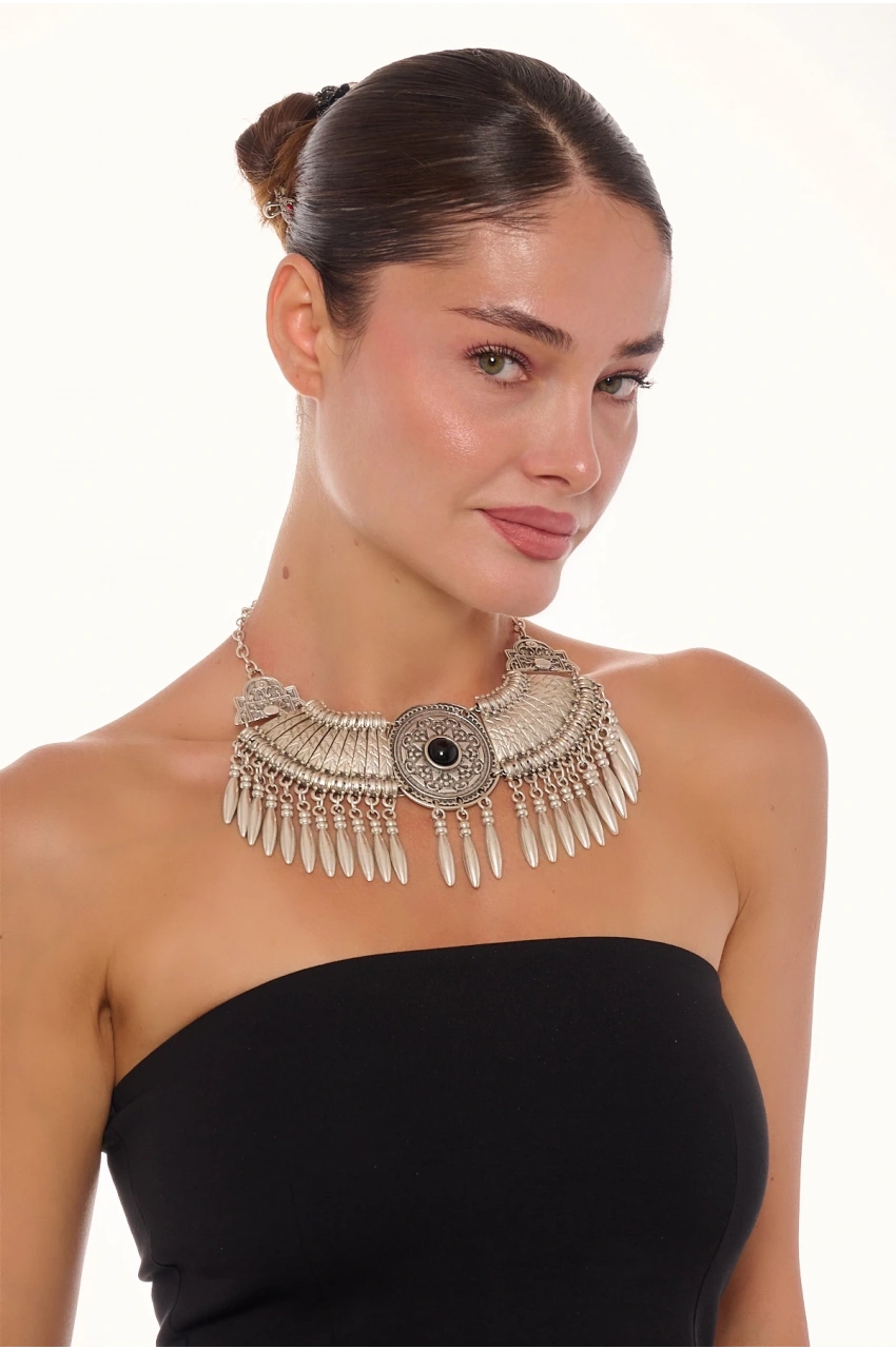 Kiraz Black Stoned Cleopatra Silver Plated Necklace
