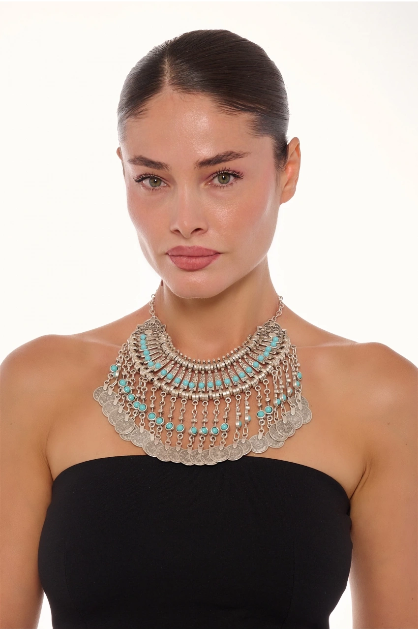 Kiraz Turquoise Stoned Cleopatra Silver Plated Necklace