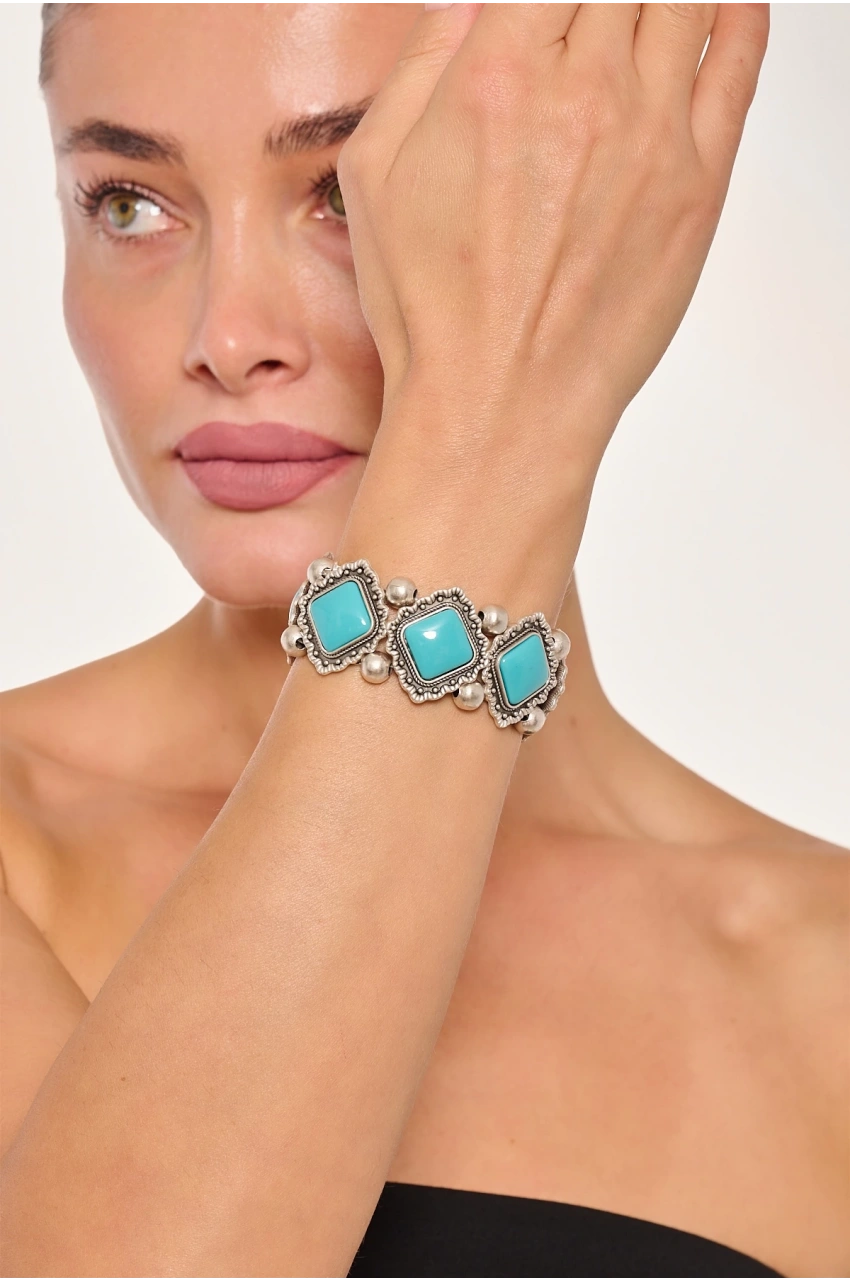 Kiraz Turquoise Stoned Elastic Silver Plated Bracelet