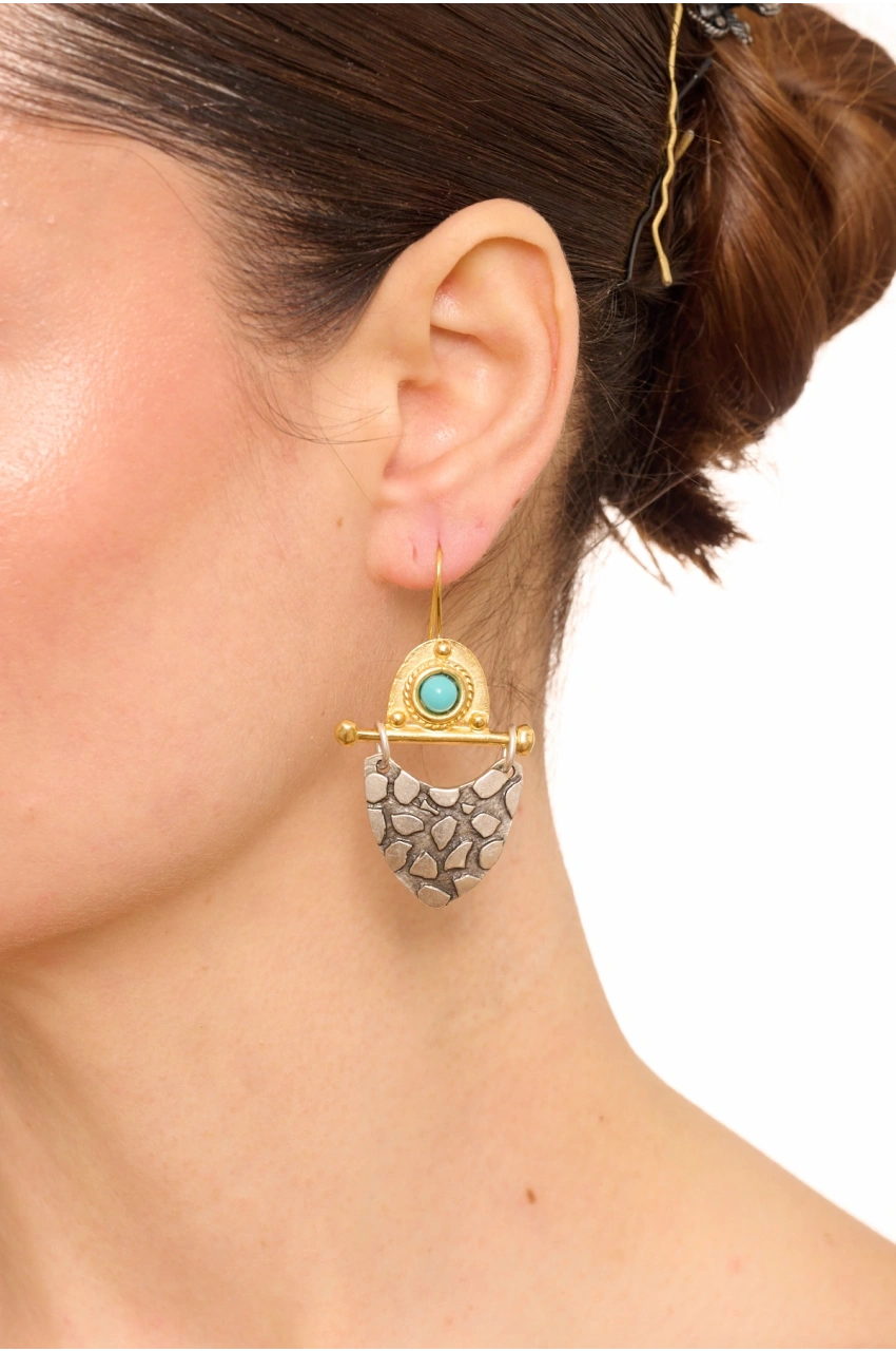 Kiraz Turquoise Stoned Silver And Gold Plated Earring