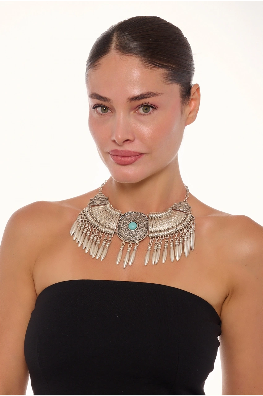 Kiraz Turquoise Stoned Silver Plated Cleopatra Necklace