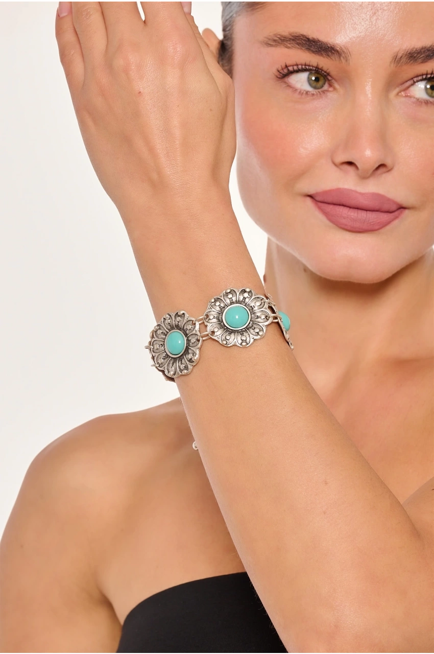 Kiraz Turquoise Stoned Silver Plated Flower Bracelet