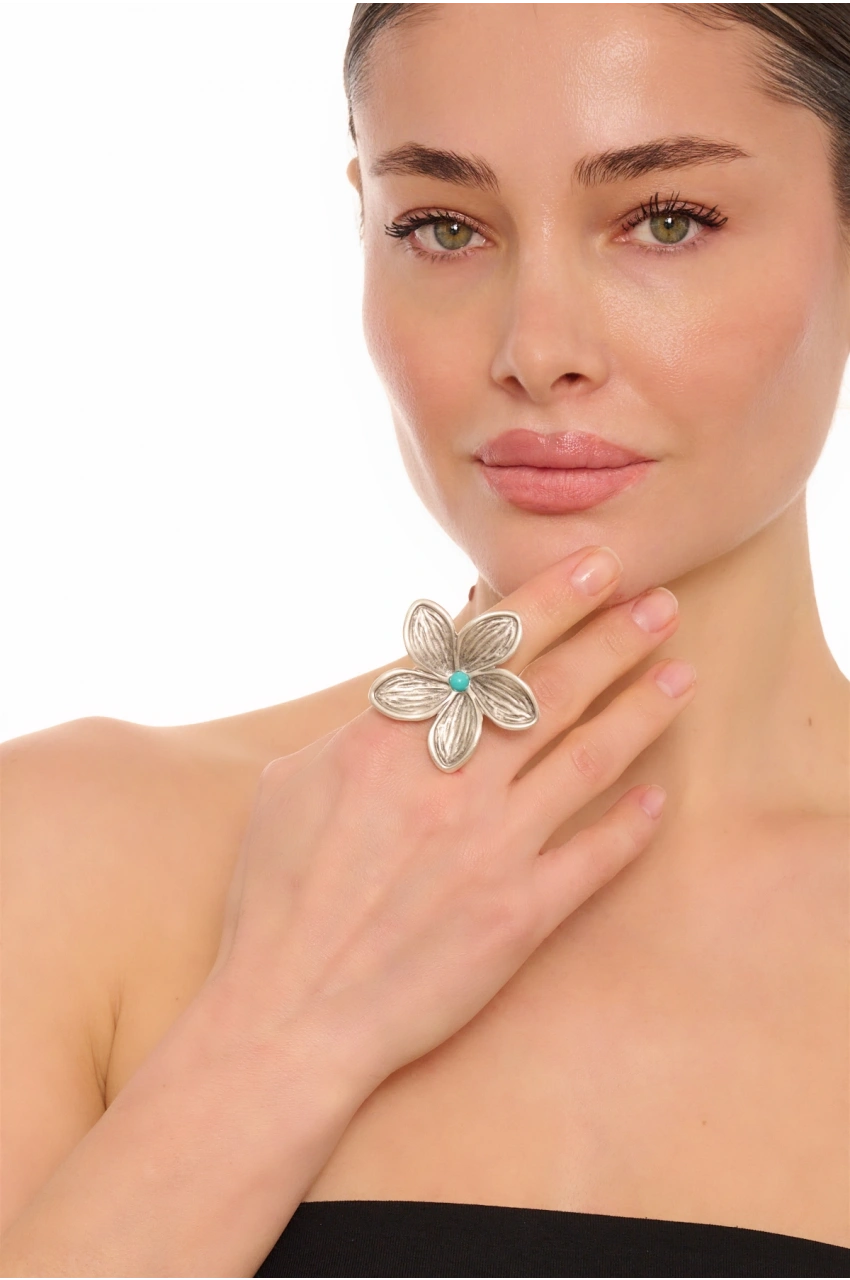 Kiraz Turquoise Stoned Silver Plated Flower Ring