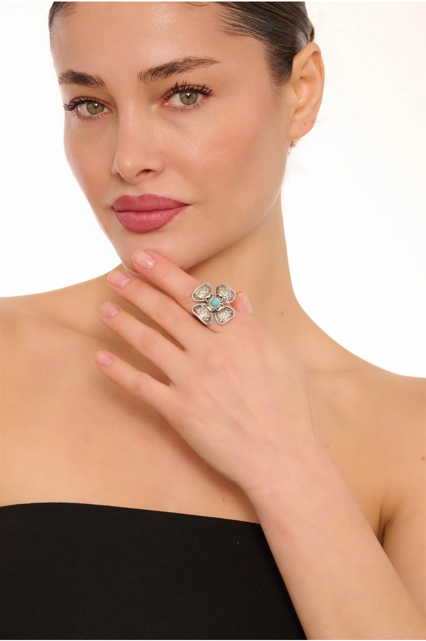 Kiraz Turquoise Stoned Silver Plated Flower  Ring