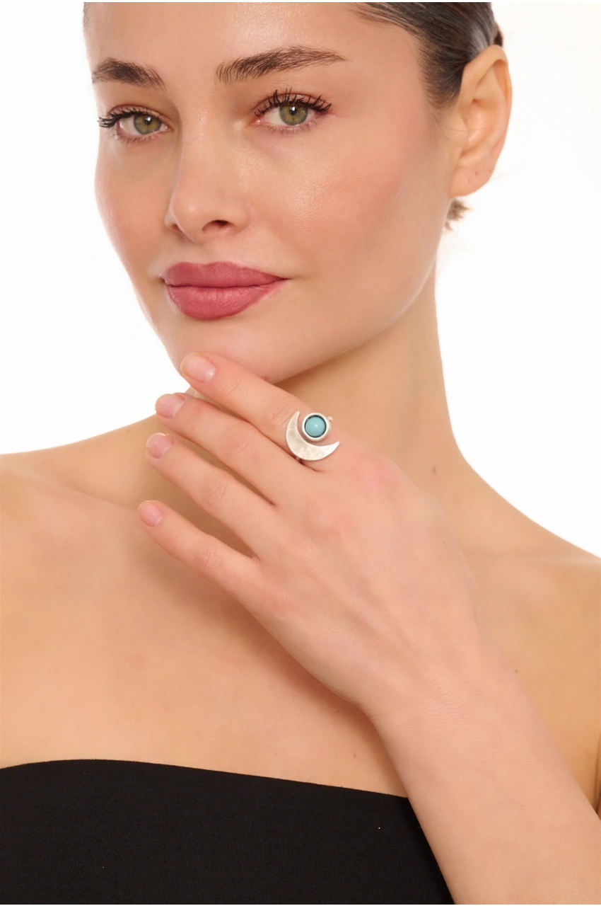 Kiraz Turquoise Stoned Silver Plated Moon Ring