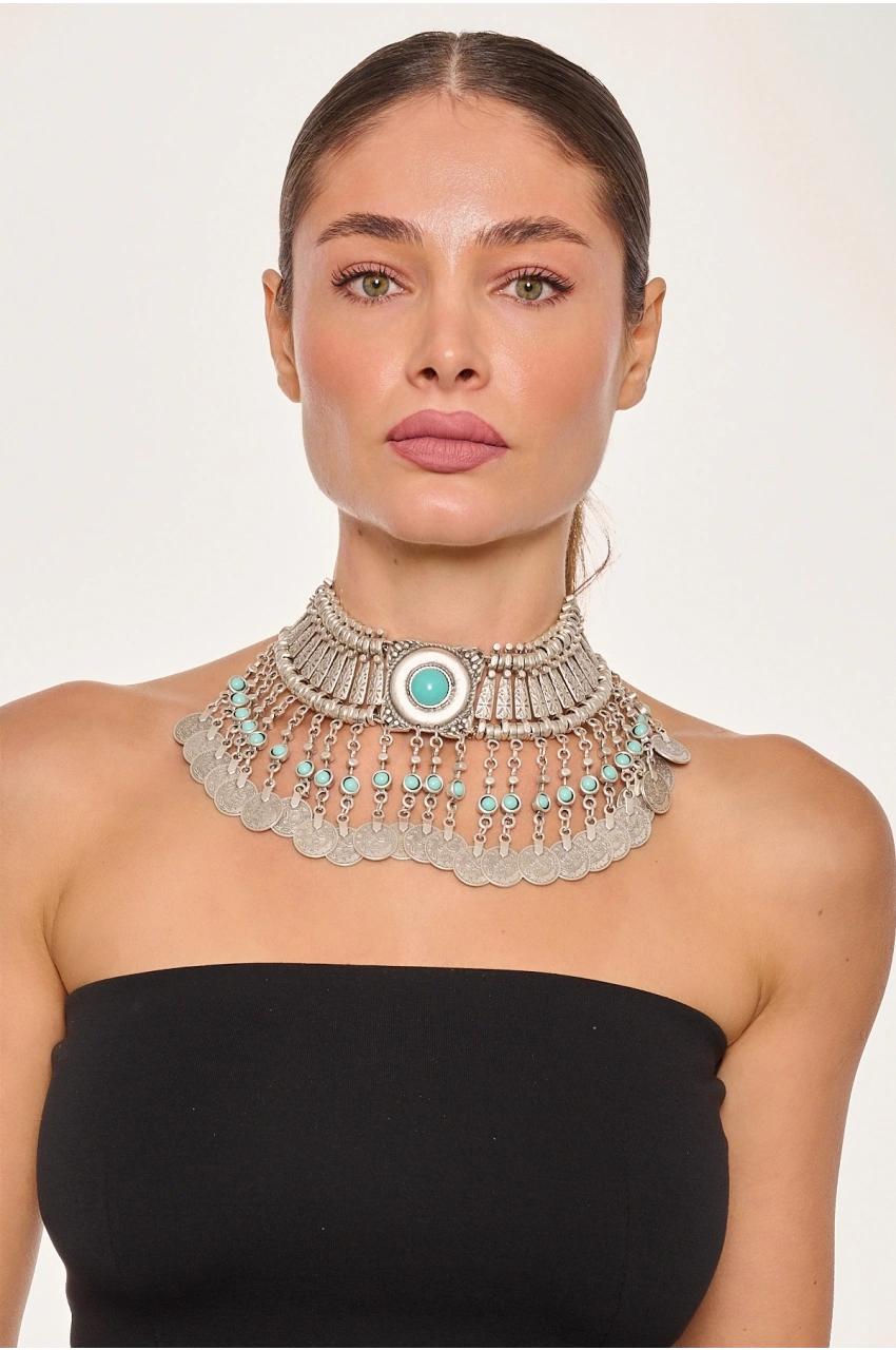 Kiraz Turquoise Stoned Silver Plated Cleopatra Necklace