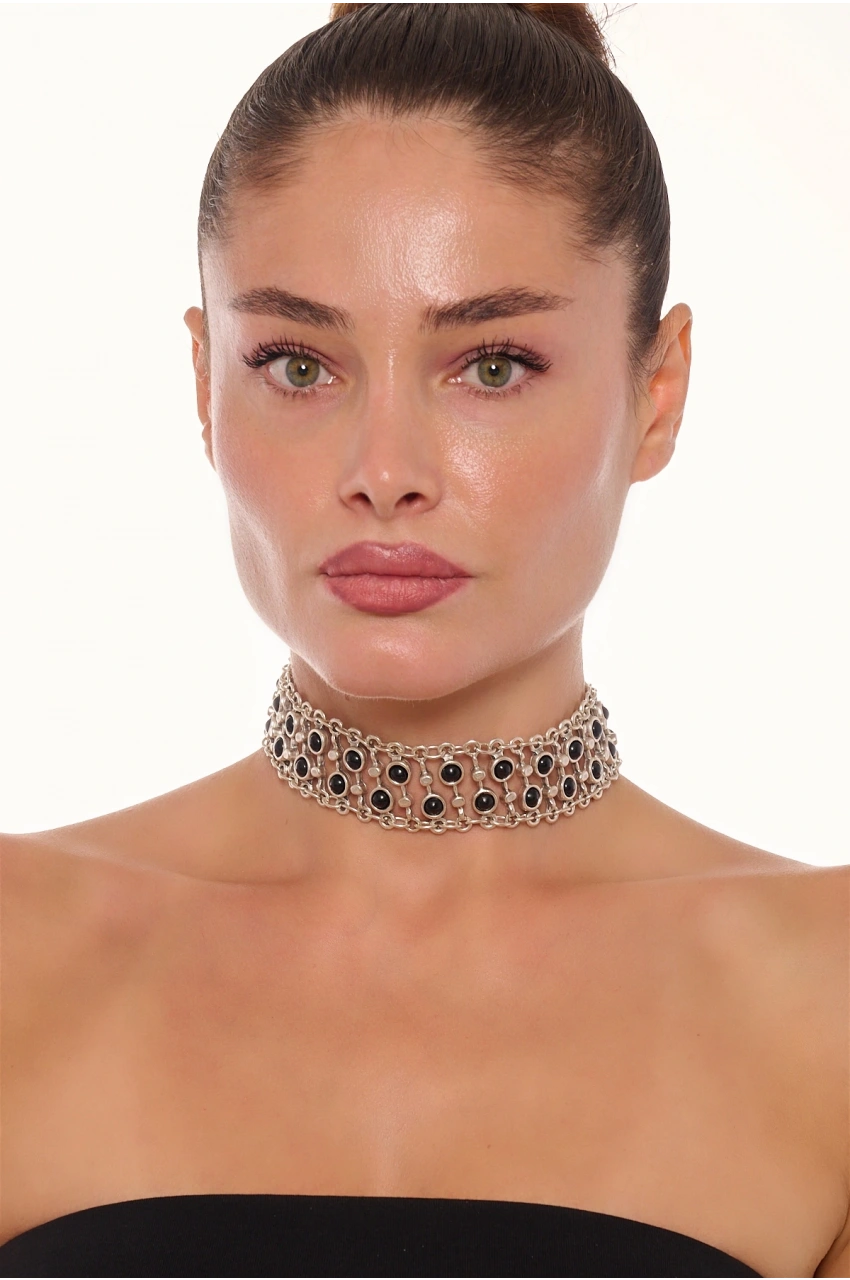 Kiraz Black Stoned Silver Plated Necklace